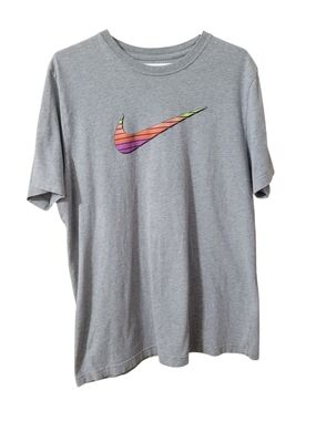 Nike Gray Short-Sleeve Tee with Multicolor Striped Swoosh